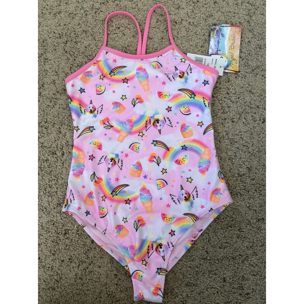 Angel Beach Rainbow Unicorn Dog Cupcake Stars Strappy One Piece Swimsuit Size 12